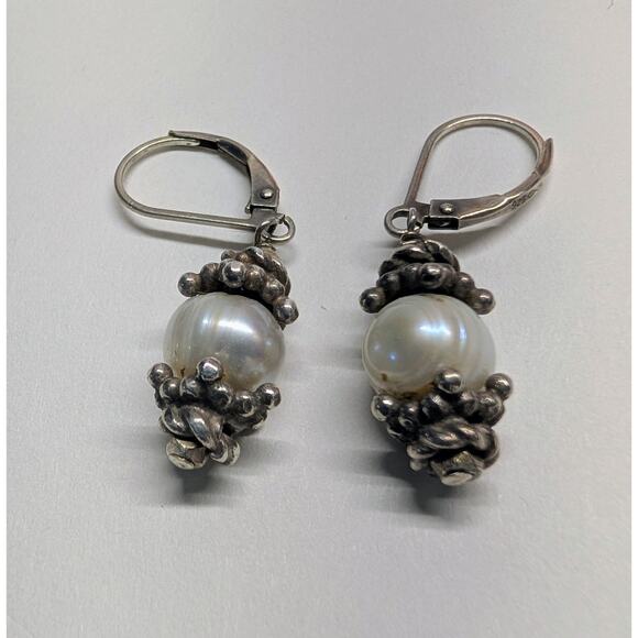 Vintage 925 Sterling Pearl Dangle Earrings Leverback Bali Style - Picture 4 of 6